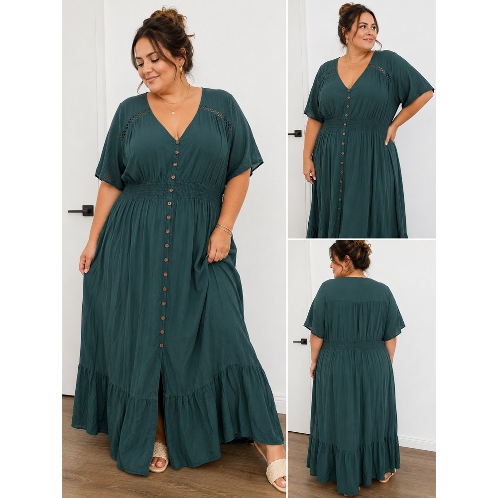 Plus Size Teal Button-Front Maxi Dress with V-Neck